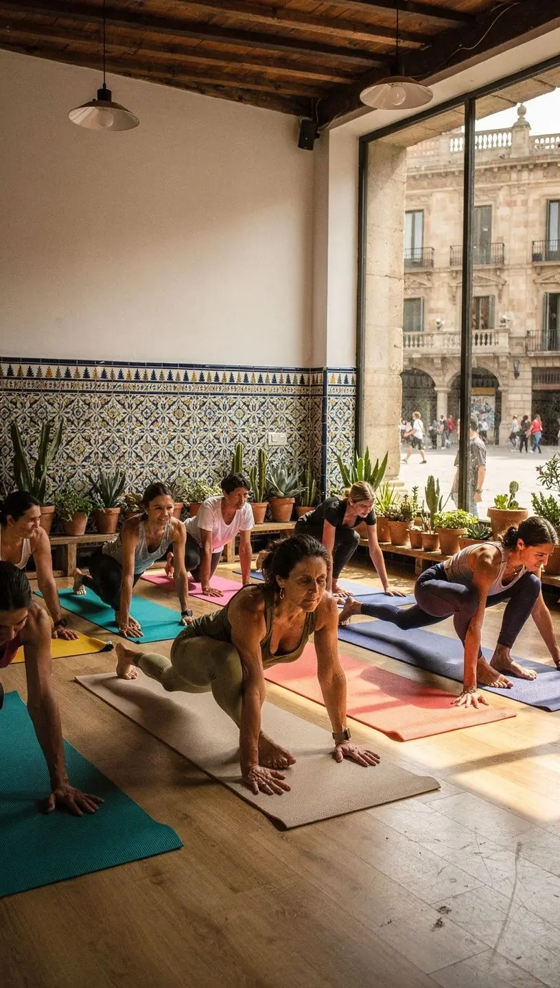 Un instructor guiando a los participantes en una clase de yoga, mostrando una pose que alivia la rigidez de las caderas y mejora la flexibilidad.
