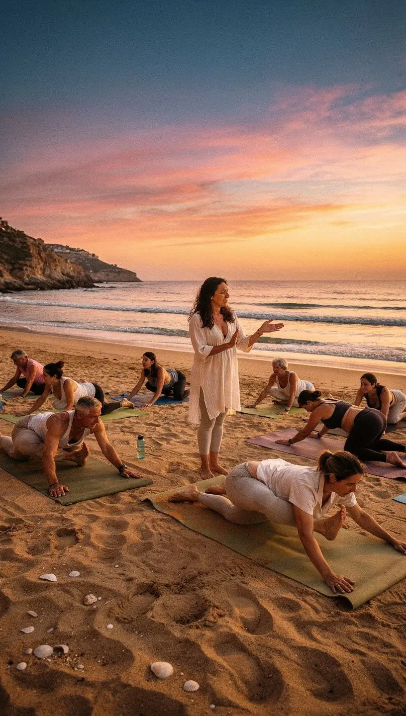 Un grupo de personas realizando una sesión de yoga al aire libre, concentrándose en ejercicios para liberar la tensión en la parte inferior del cuerpo.