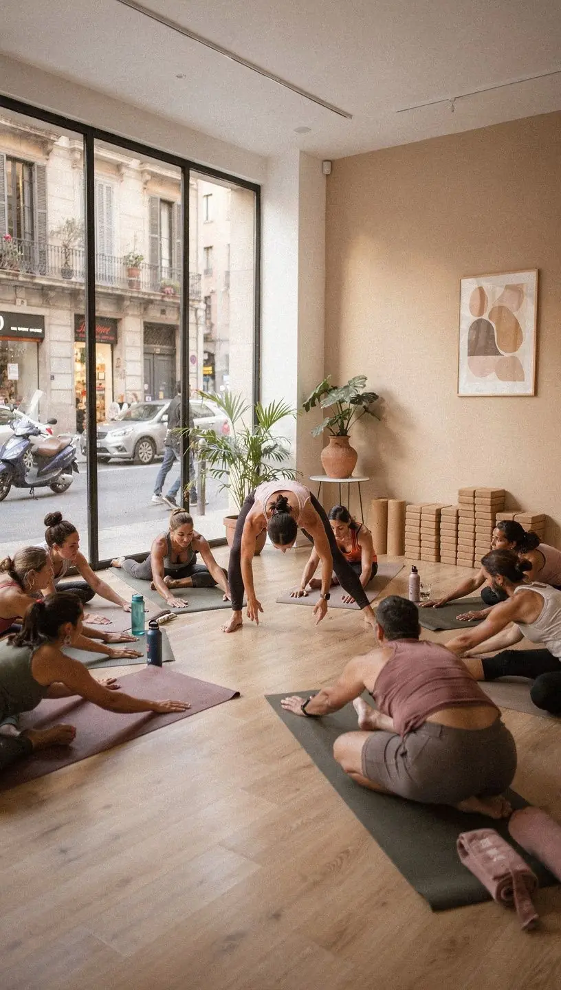 Un grupo de practicantes de yoga en una clase al aire libre, enfocados en ejercicios de apertura de caderas.