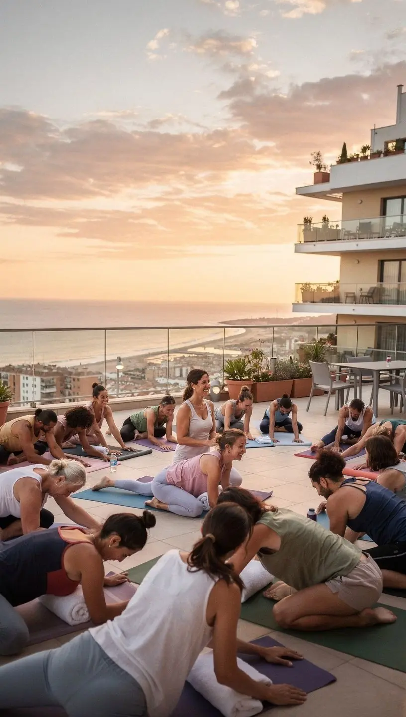 Una mujer en una posición de mariposa, con las piernas abiertas y los pies juntos, mostrando relajación y flexibilidad.