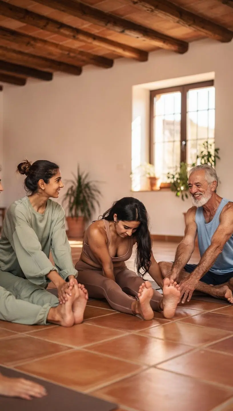 Un instructor guiando a los participantes a través de estiramientos específicos para liberar la tensión en la parte inferior del cuerpo.
