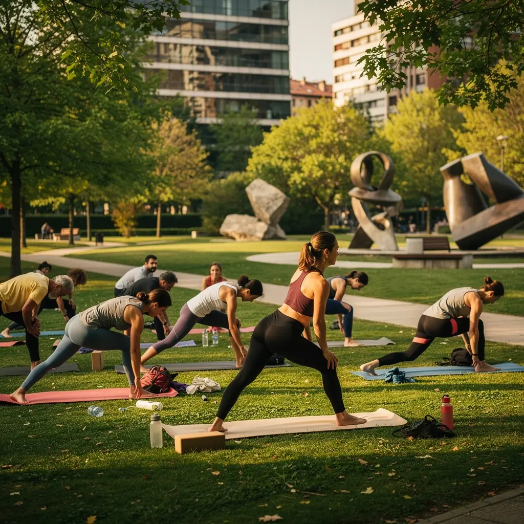 Un grupo de practicantes de yoga en una clase al aire libre, enfocados en ejercicios de apertura de caderas.