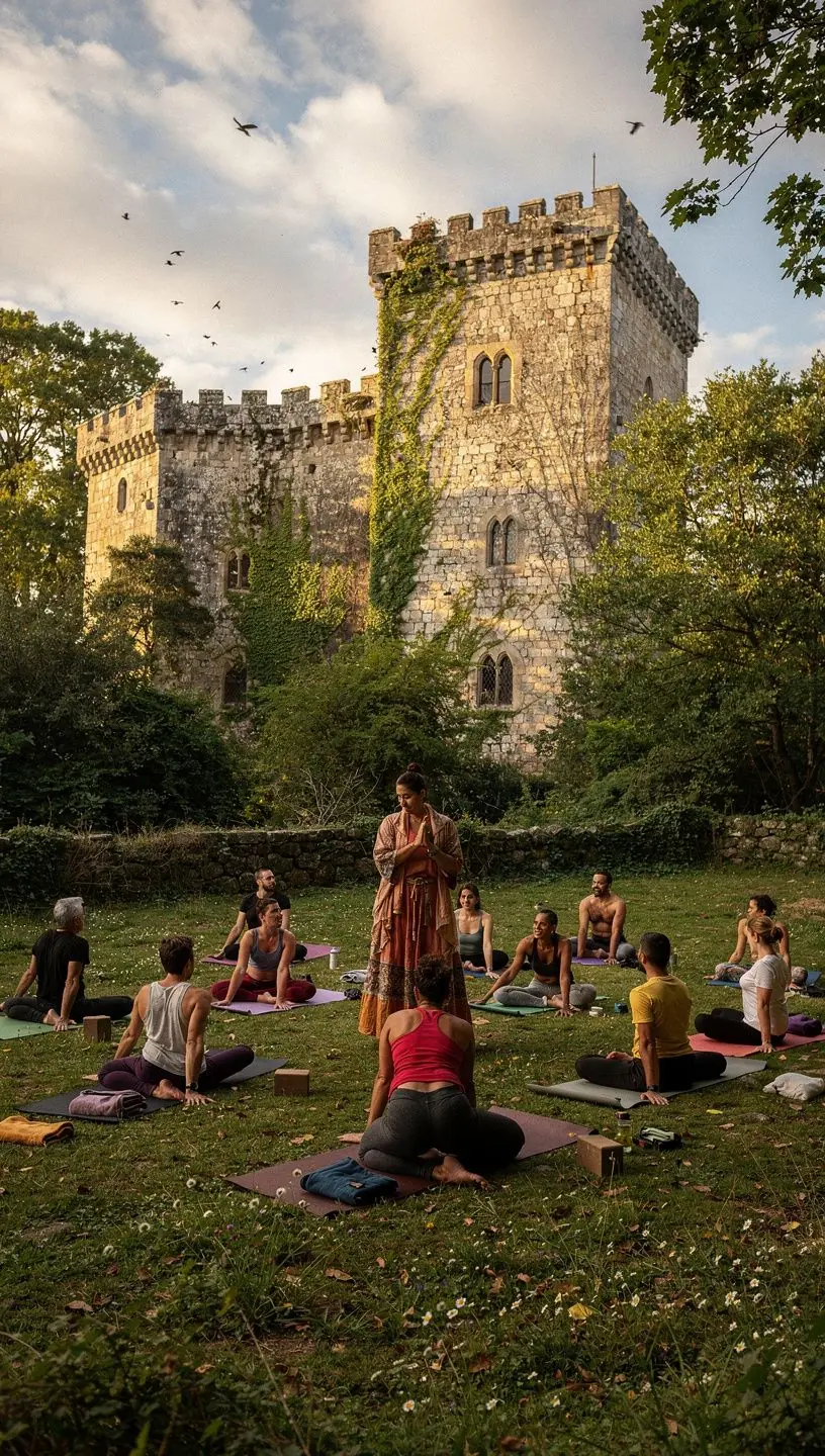 Un grupo de practicantes de yoga en una clase al aire libre, enfocados en ejercicios de apertura de caderas.