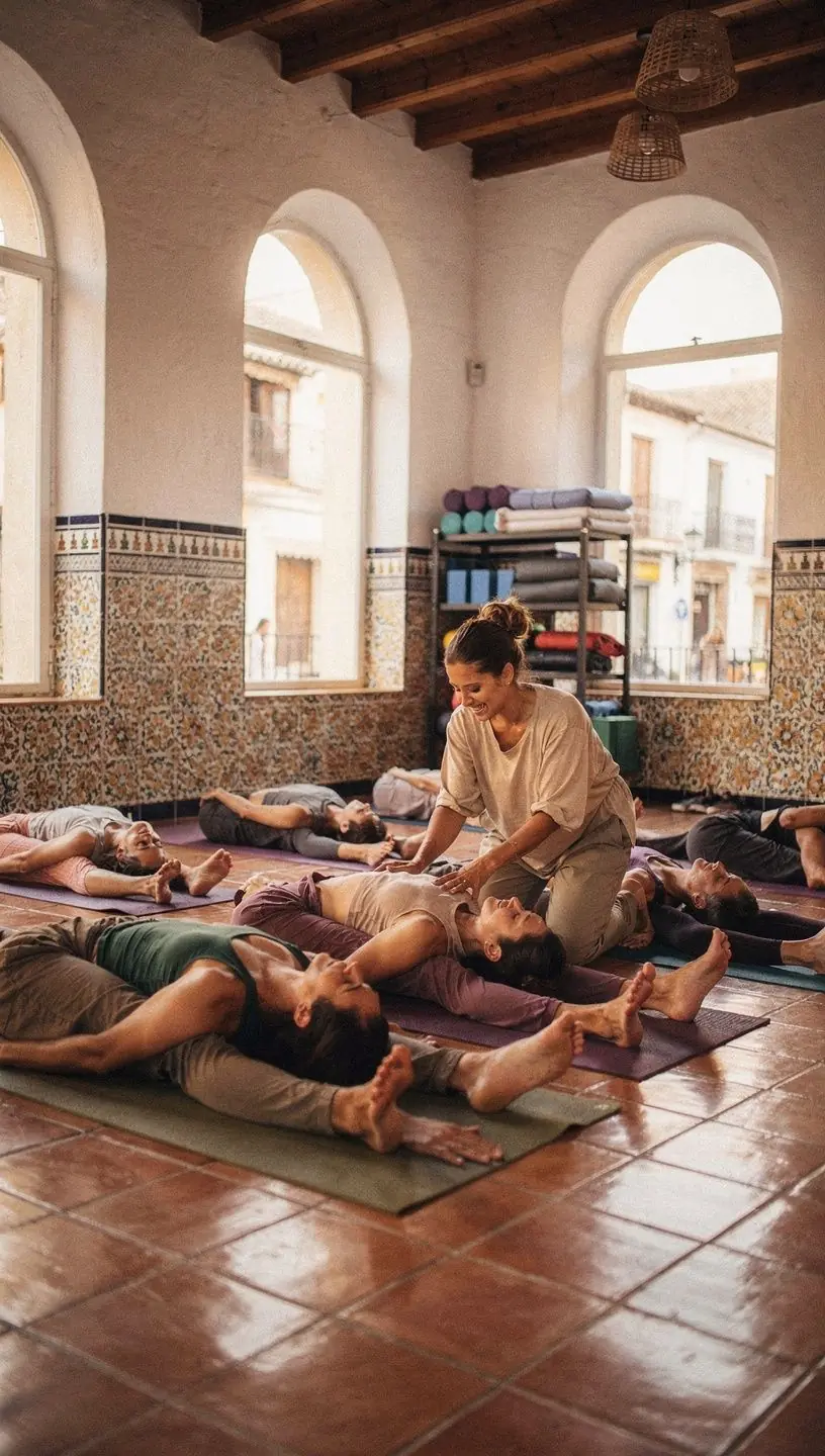 Un grupo de practicantes de yoga en una clase al aire libre, enfocados en ejercicios de apertura de caderas.