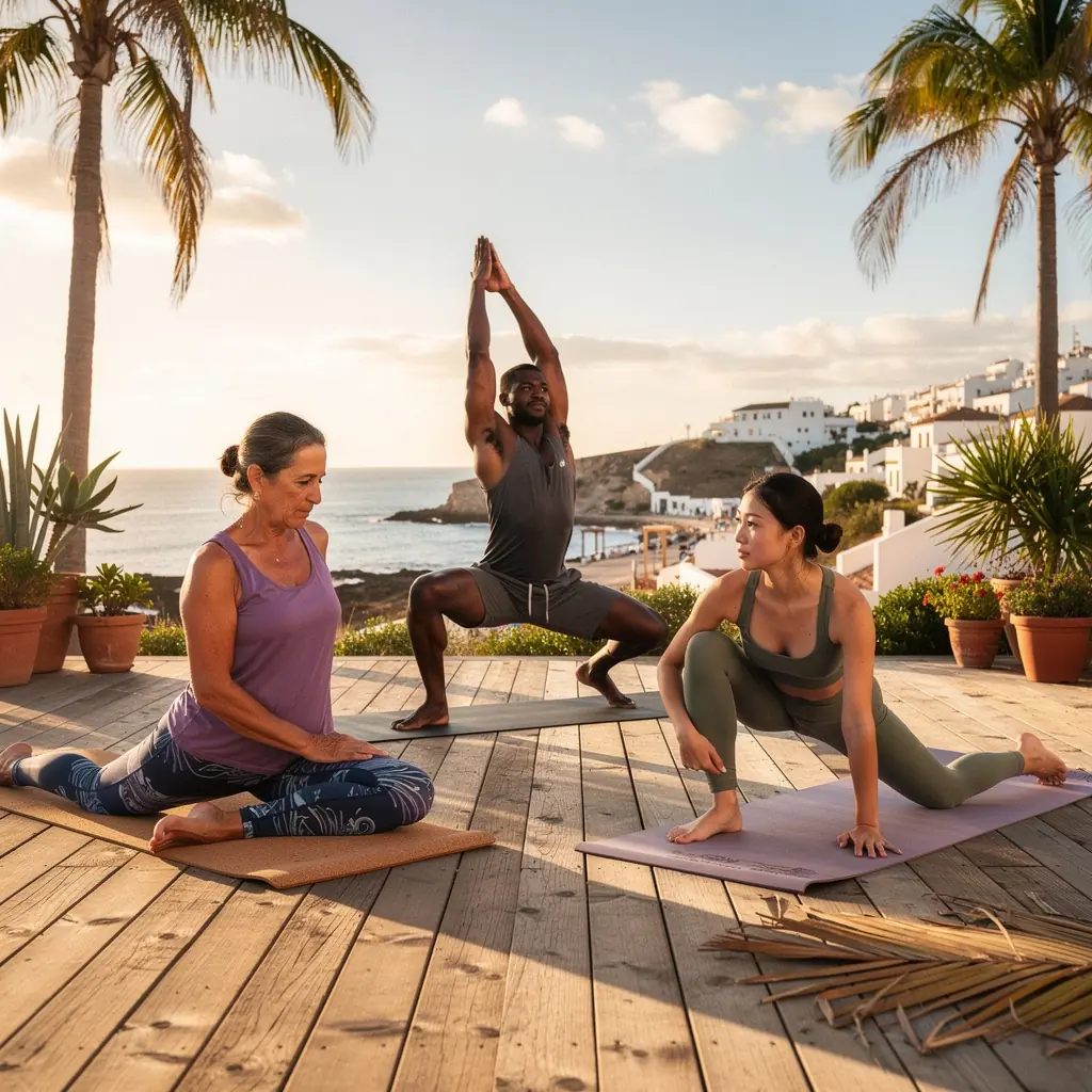 Una persona realizando la postura de la paloma, estirando las caderas en un entorno de yoga sereno.